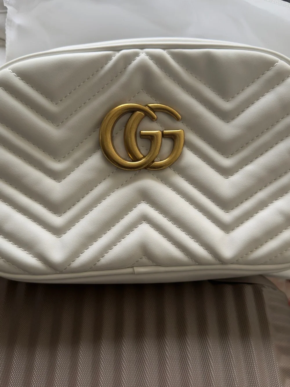 Gucci White Chevron GG Marmont Crossbody Bag